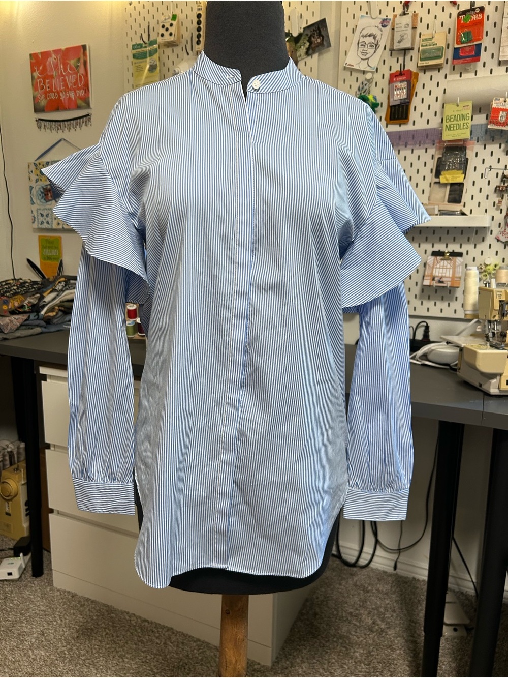 Trouvé Blue and White Pinstripe Ruffle-Sleeve Button-Down Shirt
